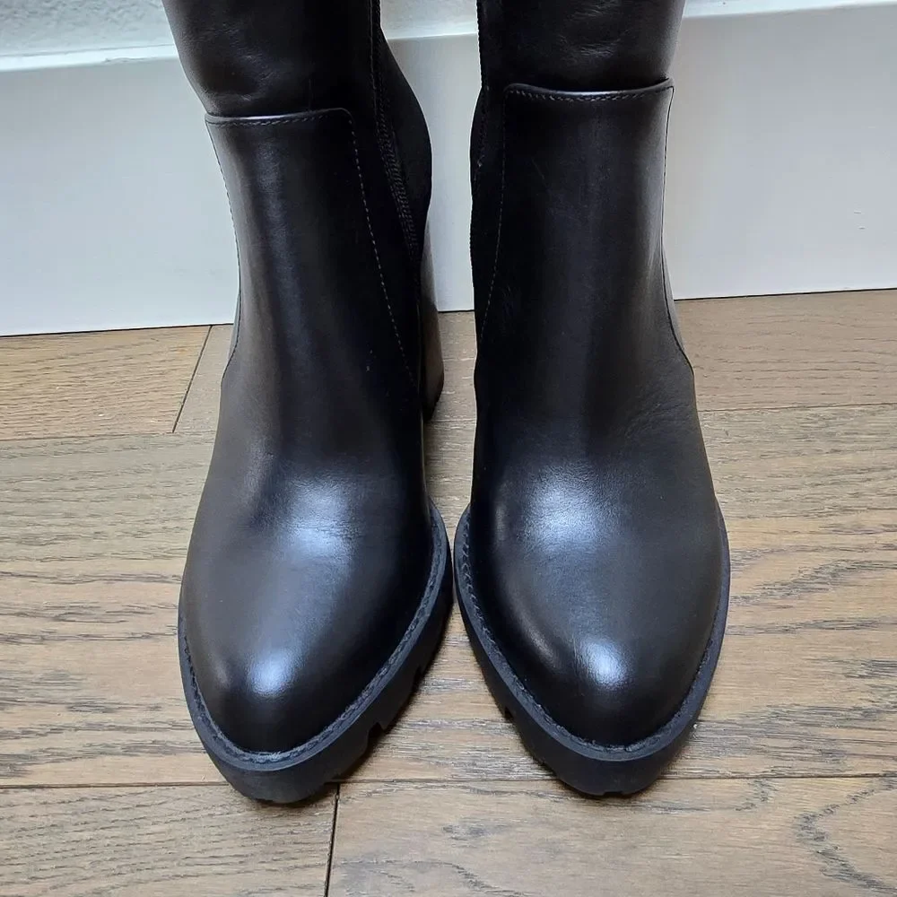 Charles David Gala Leather Tall Pointed Toe Lug Sole Block Heel Boot in Black